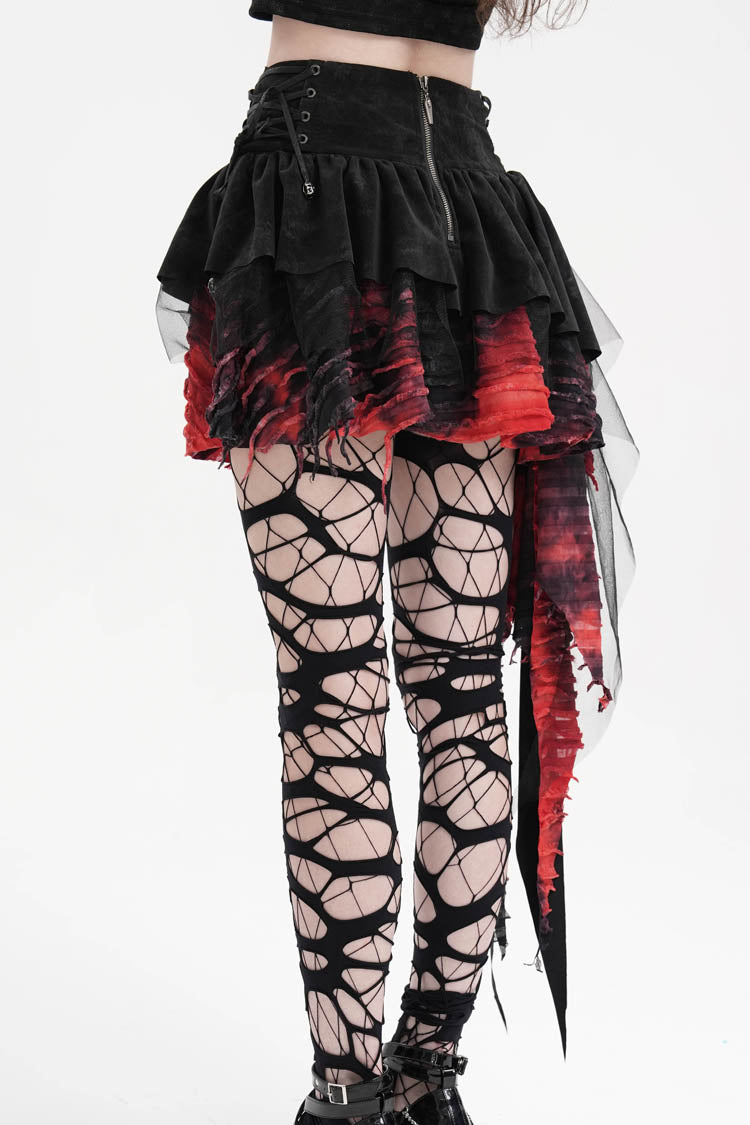 Black/Red Stitching Irregular Mesh Women's Gothic Skirt - Product - 10