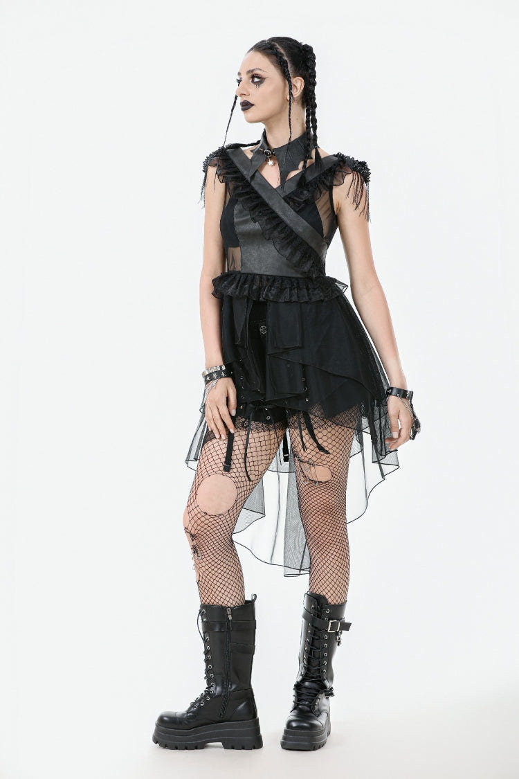 ブラック Vカラー ノースリーブ ティアード フリル Sheer メッシュ レディース パンク ワンピース 商品画像