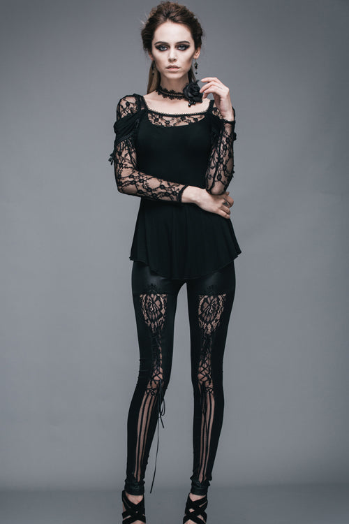 Black Rose Lace Long Sleeves Modal Womens Gothic T-Shirt - Product - 6
