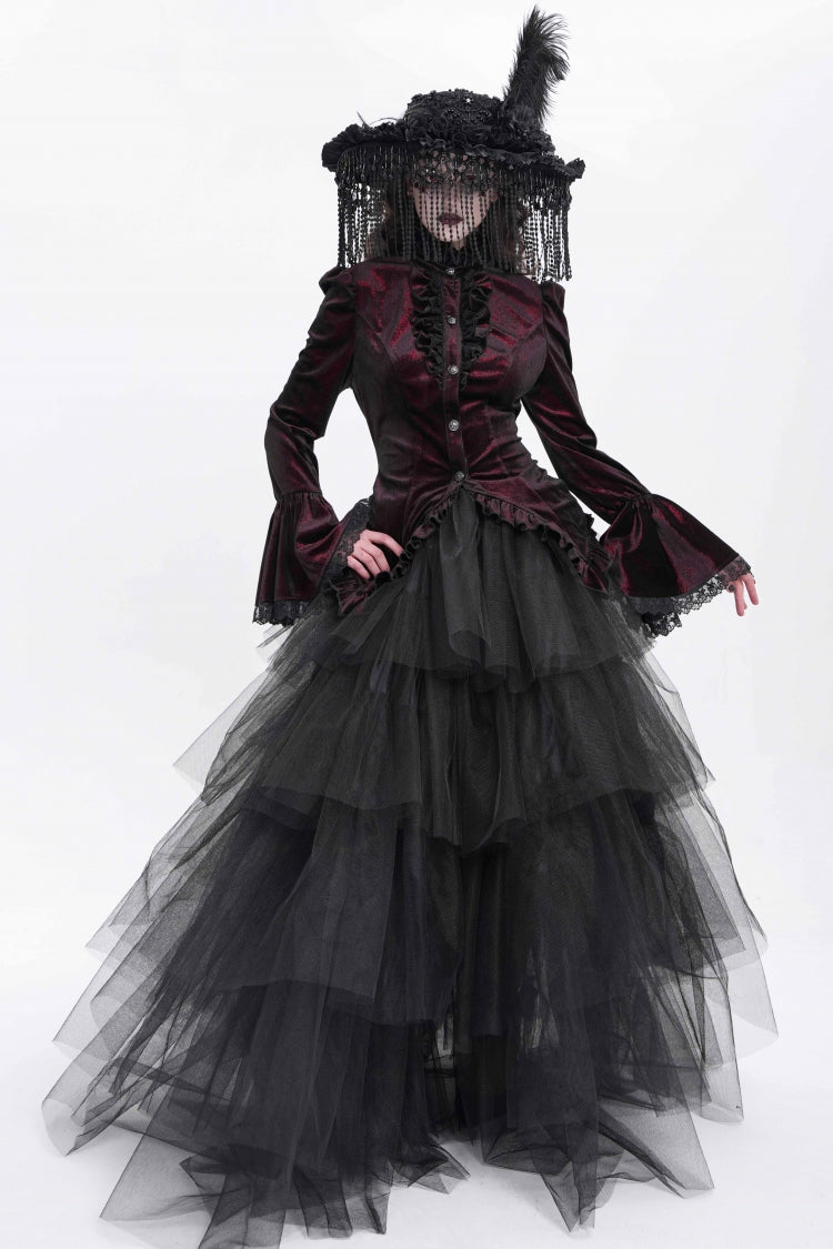 Red Stand Collar Long Trumpet Sleeves Ruffle Swallow-tailed Women's Gothic Blouse - Product - 9