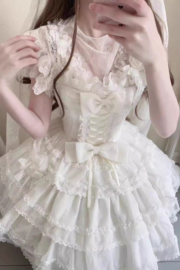 White [Moonlight] Sleeveless Ruffle Bowknot Lace Sweet Lolita Jsk Dress - Product - 3
