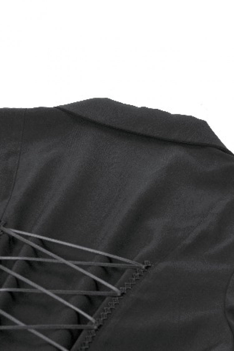 Black Multi-Layered Deep V Collar Pleated Short Puff Sleeves Lace-Up Gothic Blouse - Product - 16