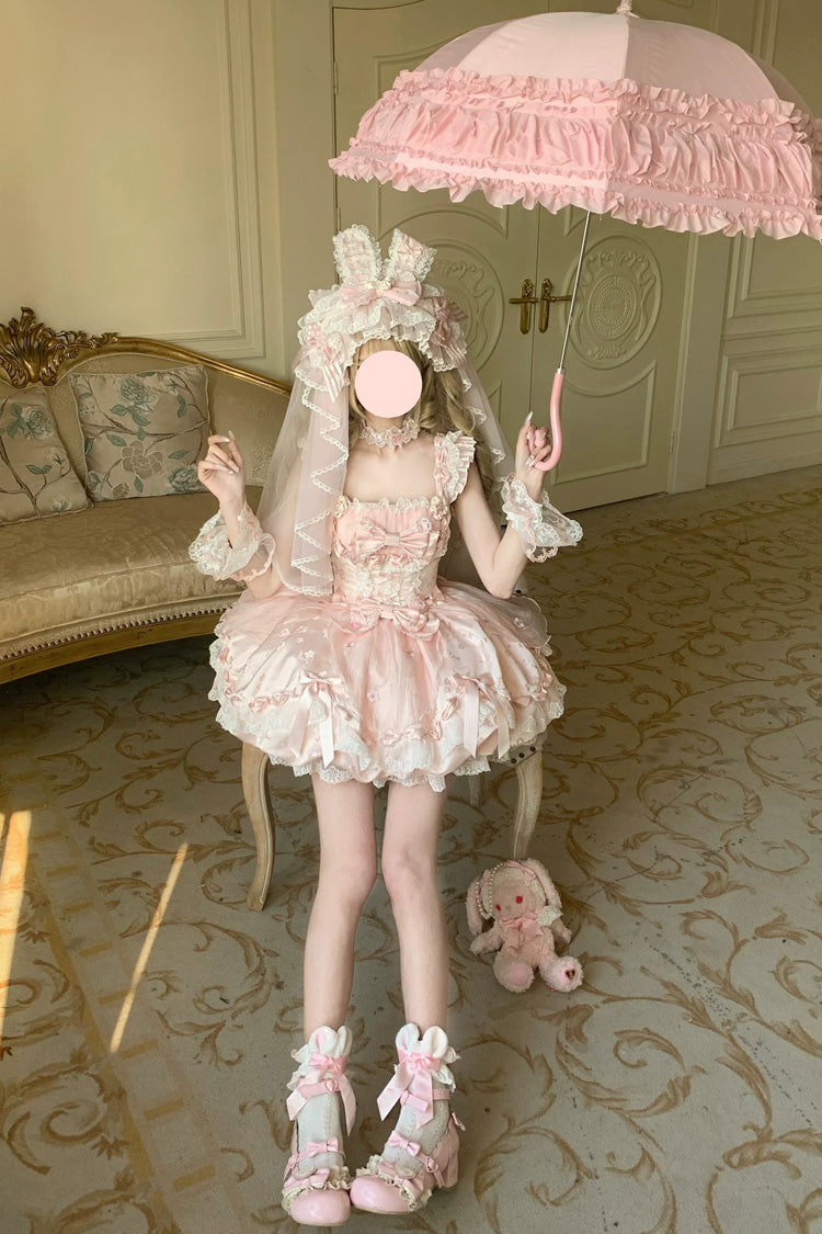 Pink [Sakura Bunny Ballad] Square Collar Flutter Sleeves Jacquard Ruffled Bow Lace Sweet Elegant Luxurious Short Lolita Jsk Dress - Product - 4