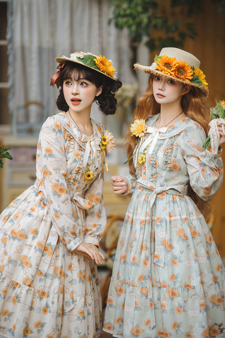 Apricot [Gardening Sunflower] Long Sleeves Print Ruffle Bowknot Sweet Elegant Lolita Dress - Product - 9