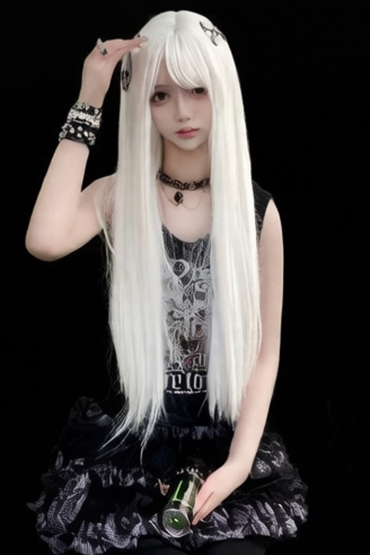 Moonlight White Full Bangs Sweet Lolita Long Straight Wig - Product - 5
