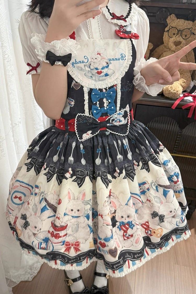 ブラック [Mystery Rabbit Tea Party] ノースリーブ プリント リボン レース スウィートロリータ ストラップ ワンピース 商品画像