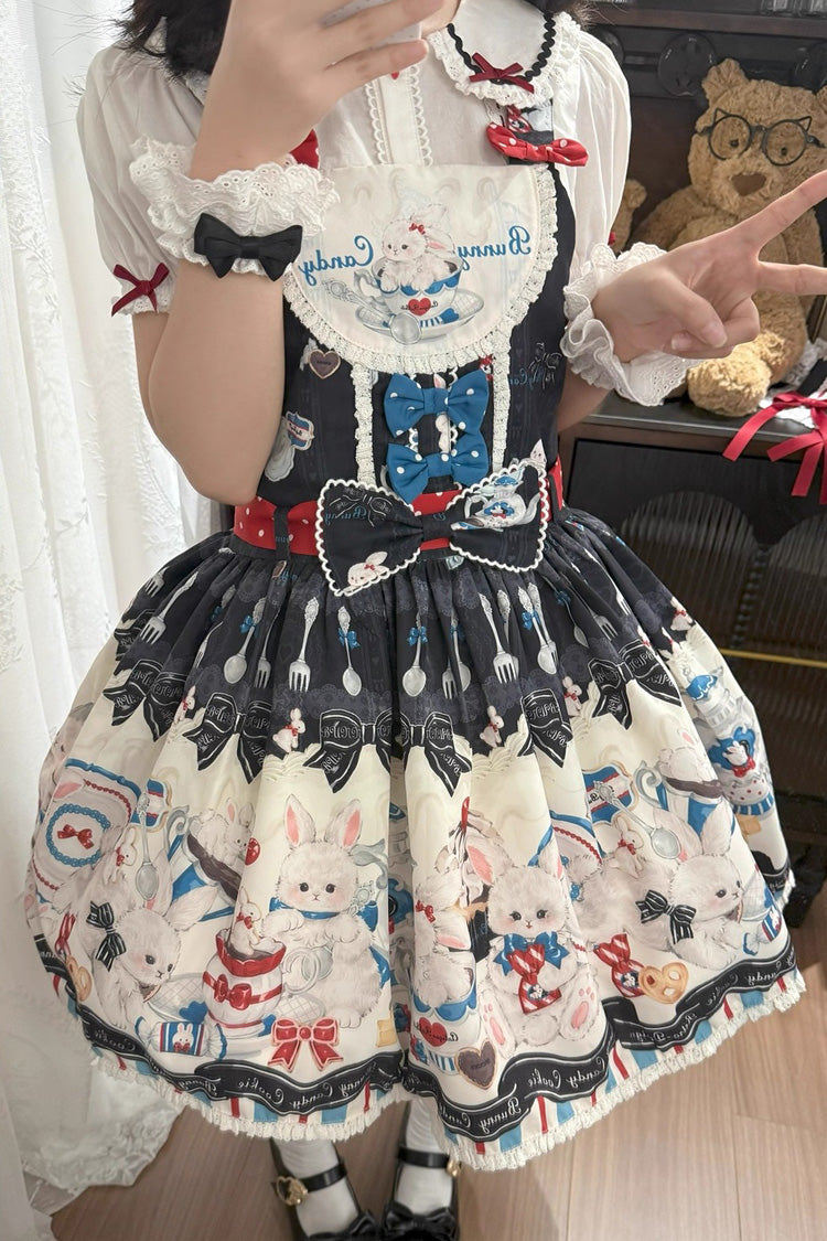 Black [Mystery Rabbit Tea Party] Sleeveless Print Bowknot Lace Sweet Lolita Strap Dress - Product - 5