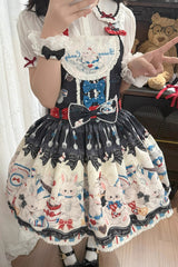 Black [Mystery Rabbit Tea Party] Sleeveless Print Bowknot Lace Sweet Lolita Strap Dress - Product - 5