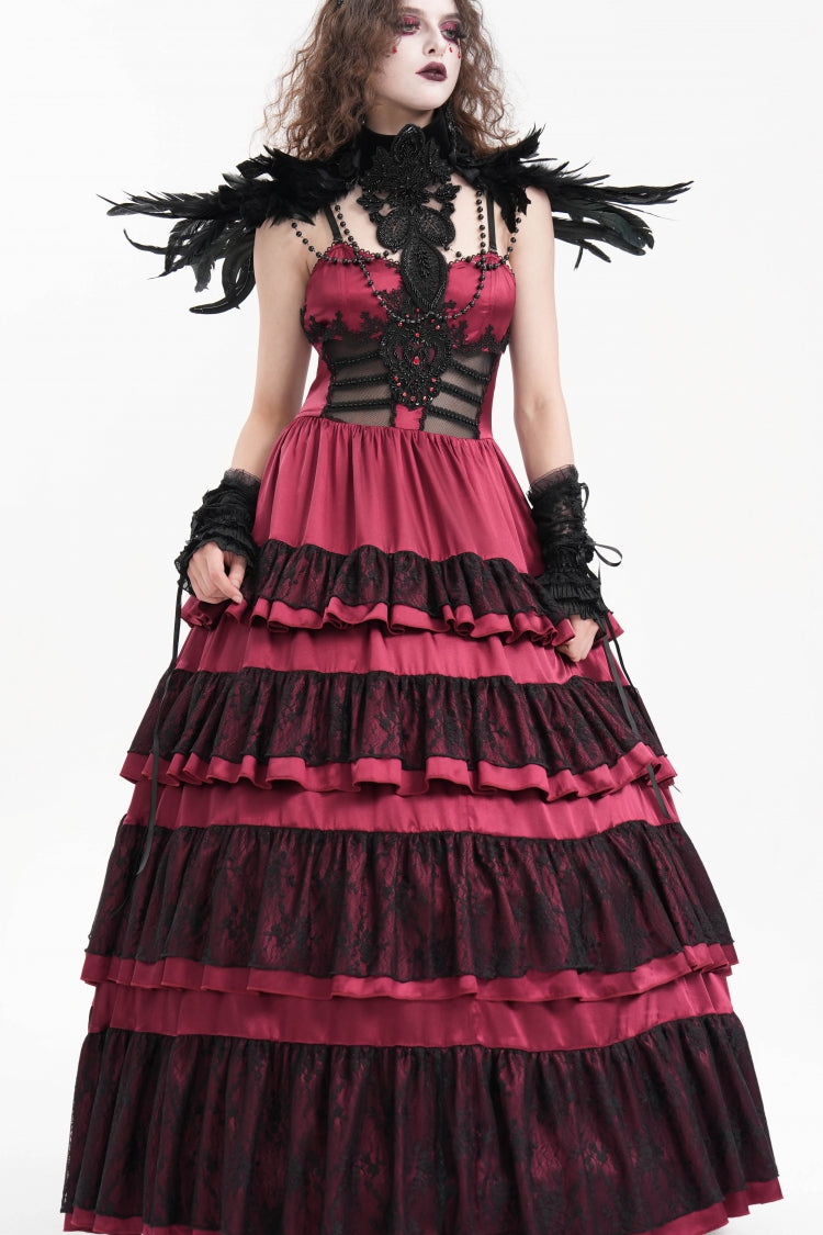 Red Multi-Layered Ruffle Lace-Up Mesh Women's Gothic Dress - Product - 6