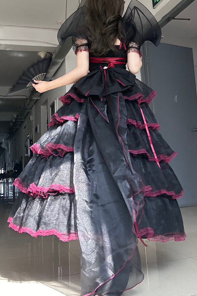 Black/Red Short Sleeves Multi-Layered Ruffle Hanayome Bowknot Lace Plus Size Sweet Lolita Dress (Long Version) - Product - 6