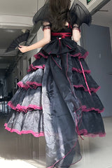 Black/Red Short Sleeves Multi-Layered Ruffle Hanayome Bowknot Lace Plus Size Sweet Lolita Dress (Long Version) - Product - 6