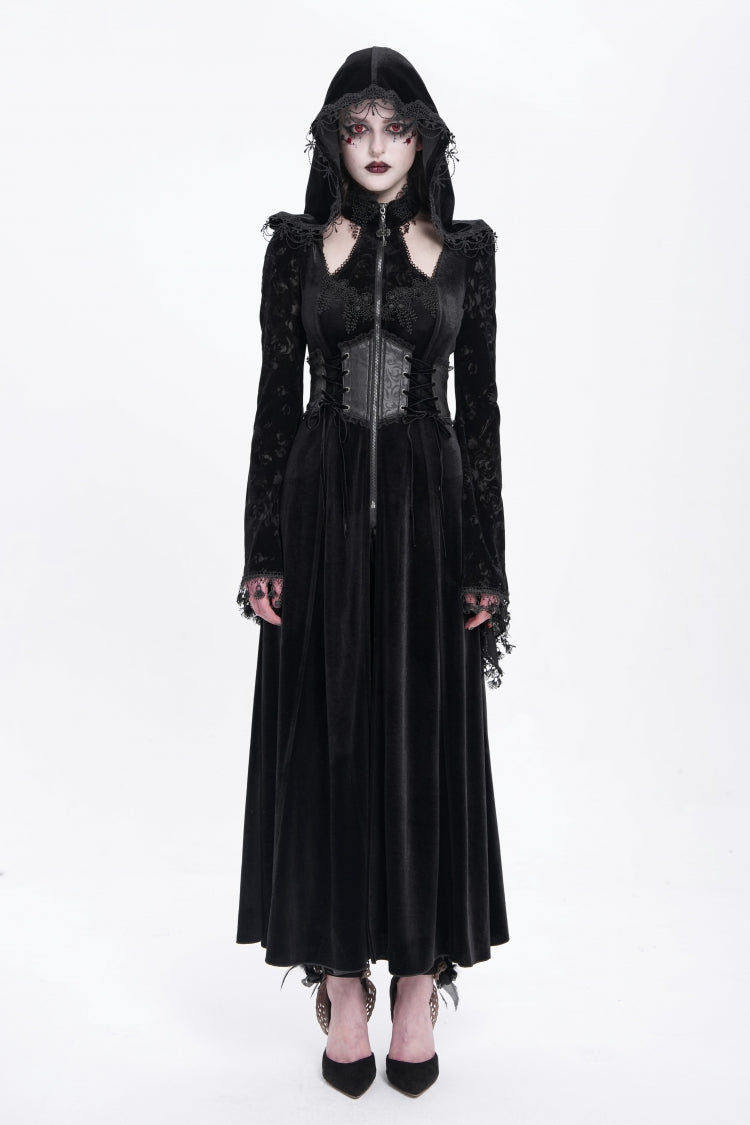Black Long Sleeves Hollow Embroidery Hooded Ripped Women's Gothic Dress Coat - Product - 2