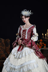 Wine/Ivory Long Hime Sleeves Lace-Up Classic Vintage Palace Lolita Victorian Dress - Product - 5