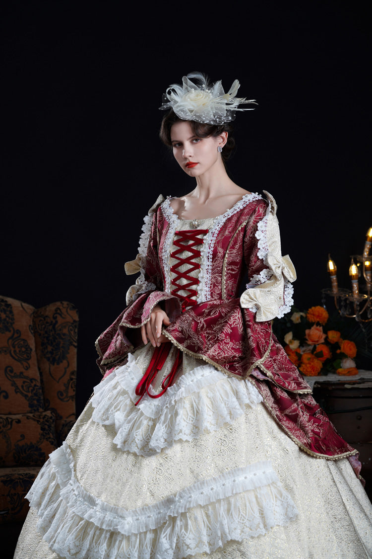 Wine/Ivory Long Hime Sleeves Lace-Up Classic Vintage Palace Lolita Victorian Dress - Product - 5