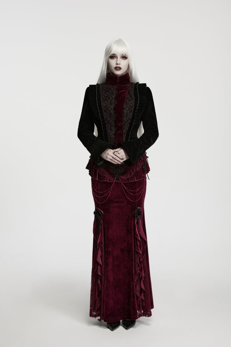 Black/Red Lapel Collar Long Trumpet Sleeves Lace Lace-Up Asymmetric Color-Blocked Women's Gothic Elegant Luxurious Royal Velvet Coat - Product - 8