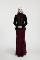 Black/Red Lapel Collar Long Trumpet Sleeves Lace Lace-Up Asymmetric Color-Blocked Women's Gothic Elegant Luxurious Royal Velvet Coat - Product - 8