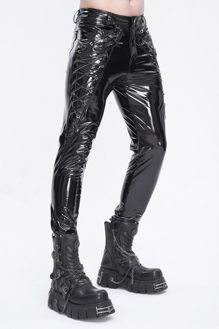 Black Lace Up Patent Leather Men's Punk Pants - Product - 3