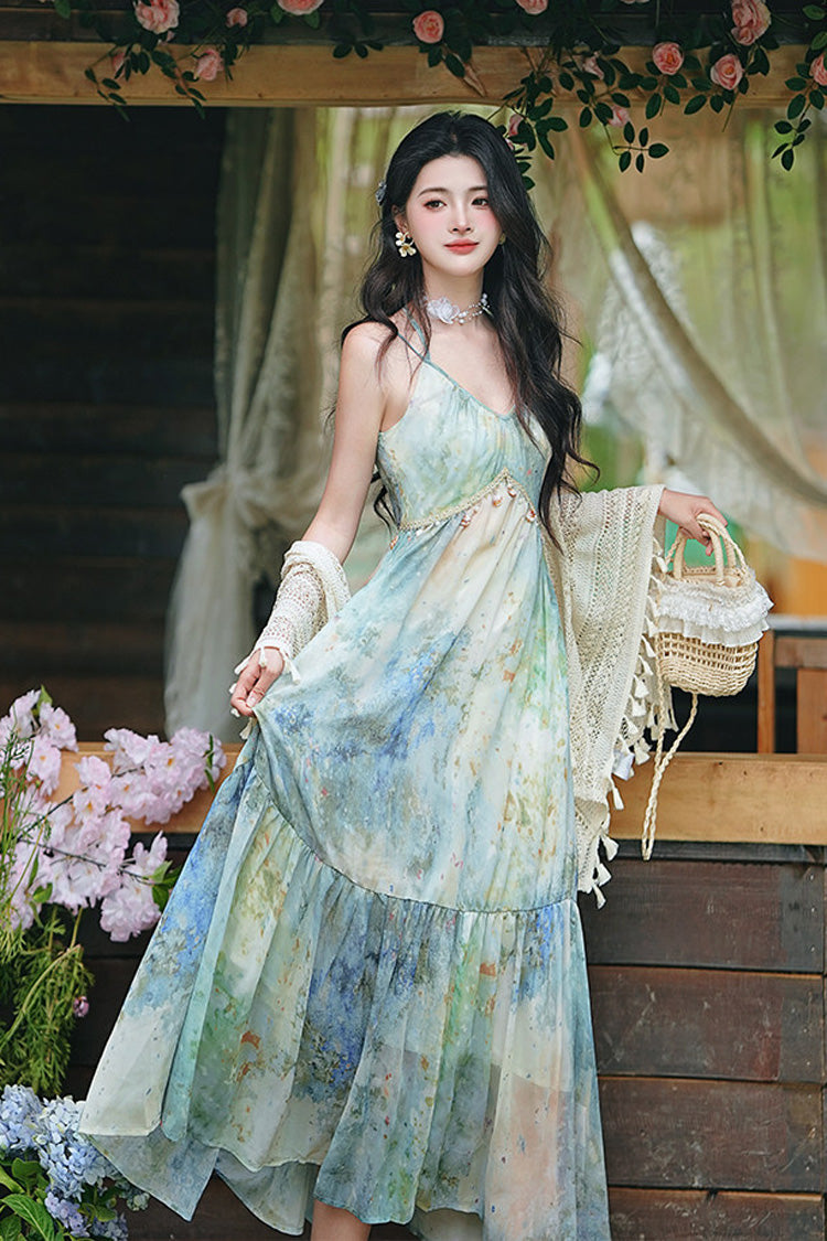 Blue/Green V Collar Sleeveless Oil Painting Printed Classic Lolita Jsk Dress - Product - 3