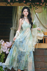 Blue/Green V Collar Sleeveless Oil Painting Printed Classic Lolita Jsk Dress - Product - 3