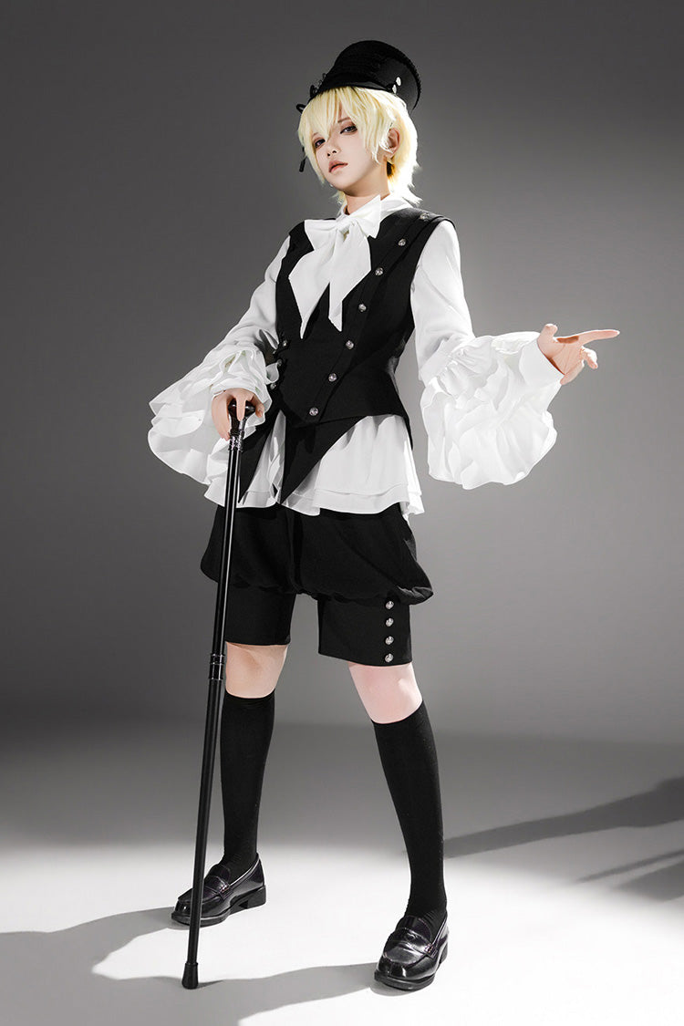 Black [Ash] Lapel Collar Long Sleeves Ruffled Bow Classic Vintage Elegant Prince Ouji Lolita Blouse Shorts Vest Set - Black(Set) - 1
