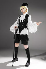 Black [Ash] Lapel Collar Long Sleeves Ruffled Bow Classic Vintage Elegant Prince Ouji Lolita Blouse Shorts Vest Set - Black(Set) - 1