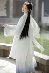 White/Blue [Auspicious Clouds] Long Sleeves High Waisted Ombre Embroidered Women's Classic Hanfu Dress Set - Product - 5