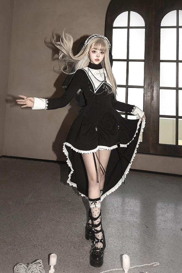 Black/White [Peace Prayer] Long Sleeves Ruffle Bowknot Asymmetric Gothic Lolita Skirt Set - Product - 4