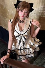 Apricot Multi-layer Polka Dots Print Navy Doll Ruffle Bowknot Sweet Lolita Tiered Dress - Product - 4