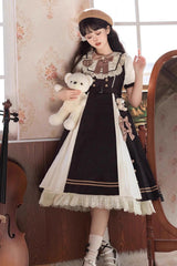Black/White Chocolate Workshop Long Version Elegant Short Puff Sleeves Sweet Lolita Dress (Plus Size Version) - Black/White - 1
