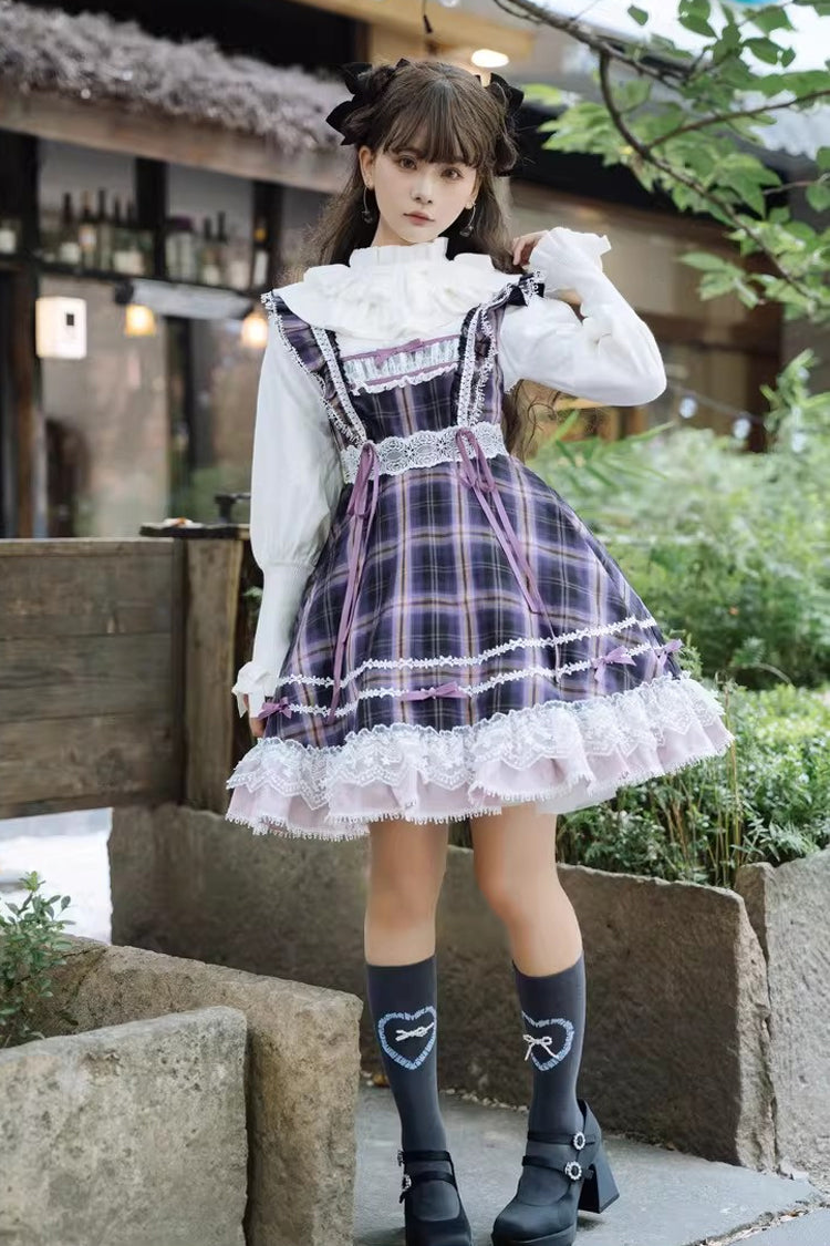 Black/Purple [Endless Summer] High Waisted Printed Ruffled Bow Lace Sweet Princess Lolita Jsk Dress 2 Versions - Product - 8