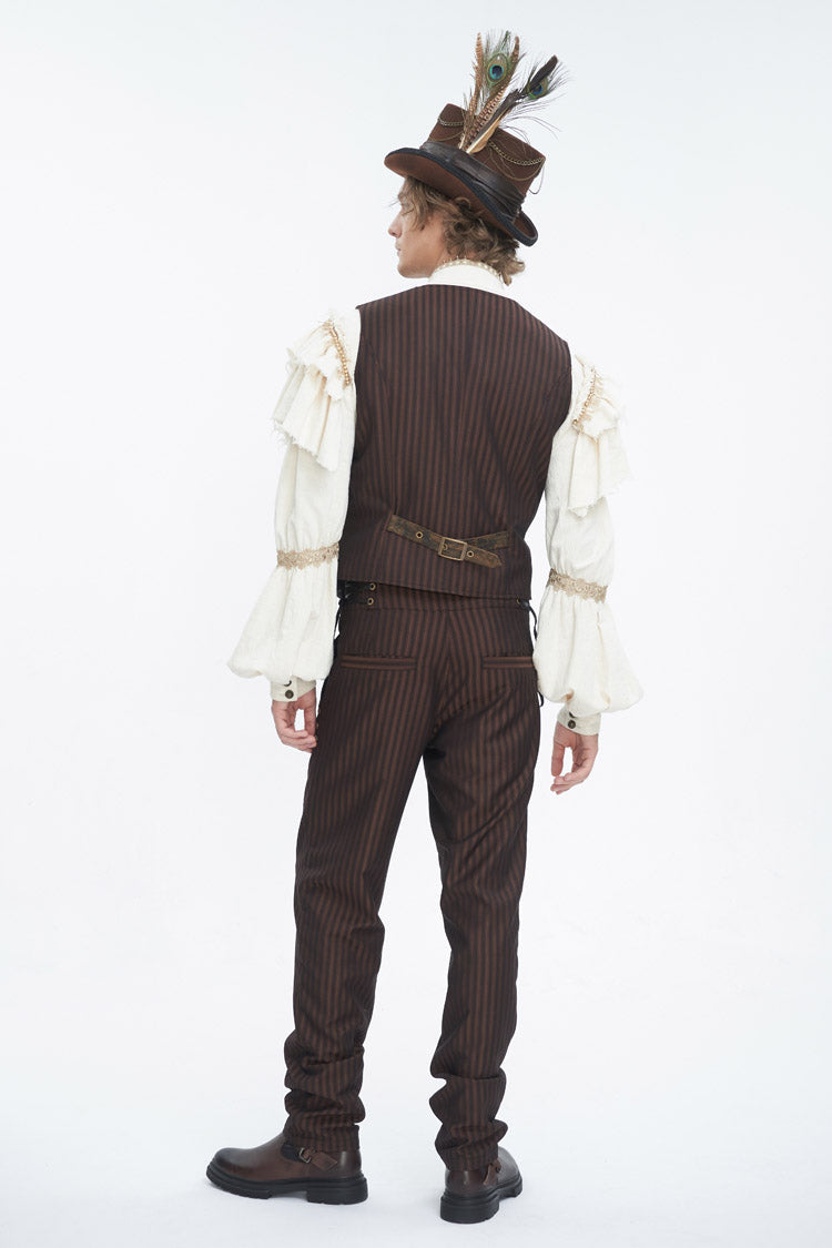 Brown Striped V Collar Stitching Slim Men's Gothic Vest - Product - 3
