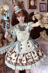 Brown [Peppermint Chocolate] Chocolate Cake Bear Print Ruffle Bowknot Lace-Up Sweet Lolita Dress - Product - 9