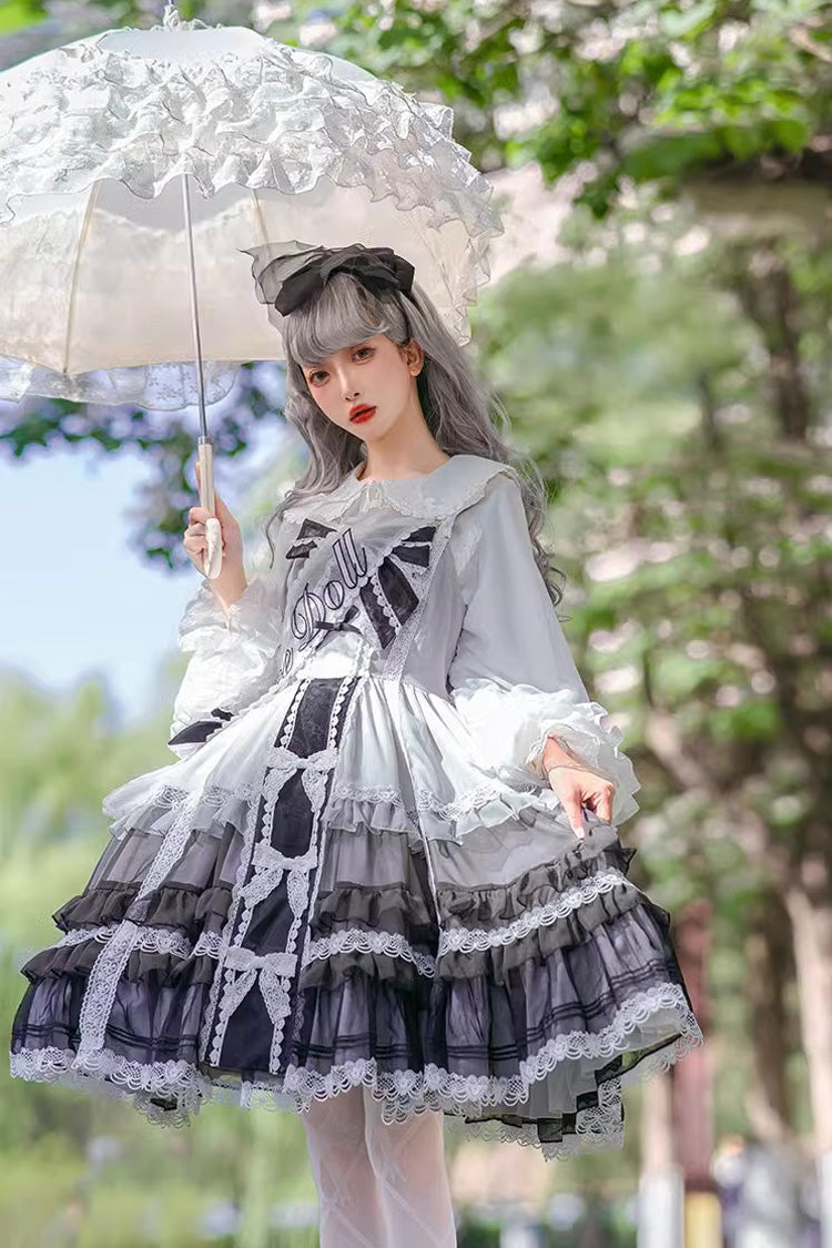 White/Black Multi-layer Ruffle Bowknot The Covenant of Summer Isle Gothic Princess Lolita Jsk Dress - White/Black - 1