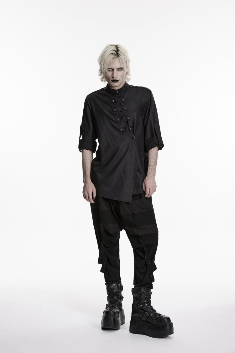 Black Stand Collar Long Sleeves Asymmetric Men's Punk Shirt - Product - 6