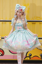Macaron Dolly House Col de poupée Manches courtes Imprimé nœud Doux (robe seule) vue de face