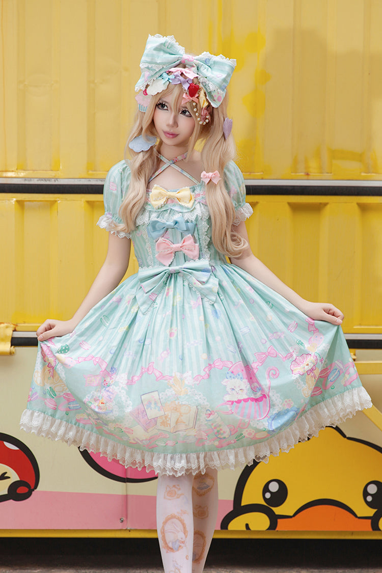 [Macaron Dolly House] Doll Collar Short Sleeves Print Bowknot Sweet Lolita Dress 3 Colors - Green - 1