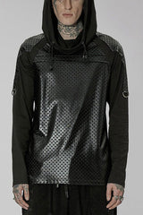Black Punk Turtleneck Stretch Knit Panel Cutout Drawstring Hooded Men's T-Shirt - Black - 1