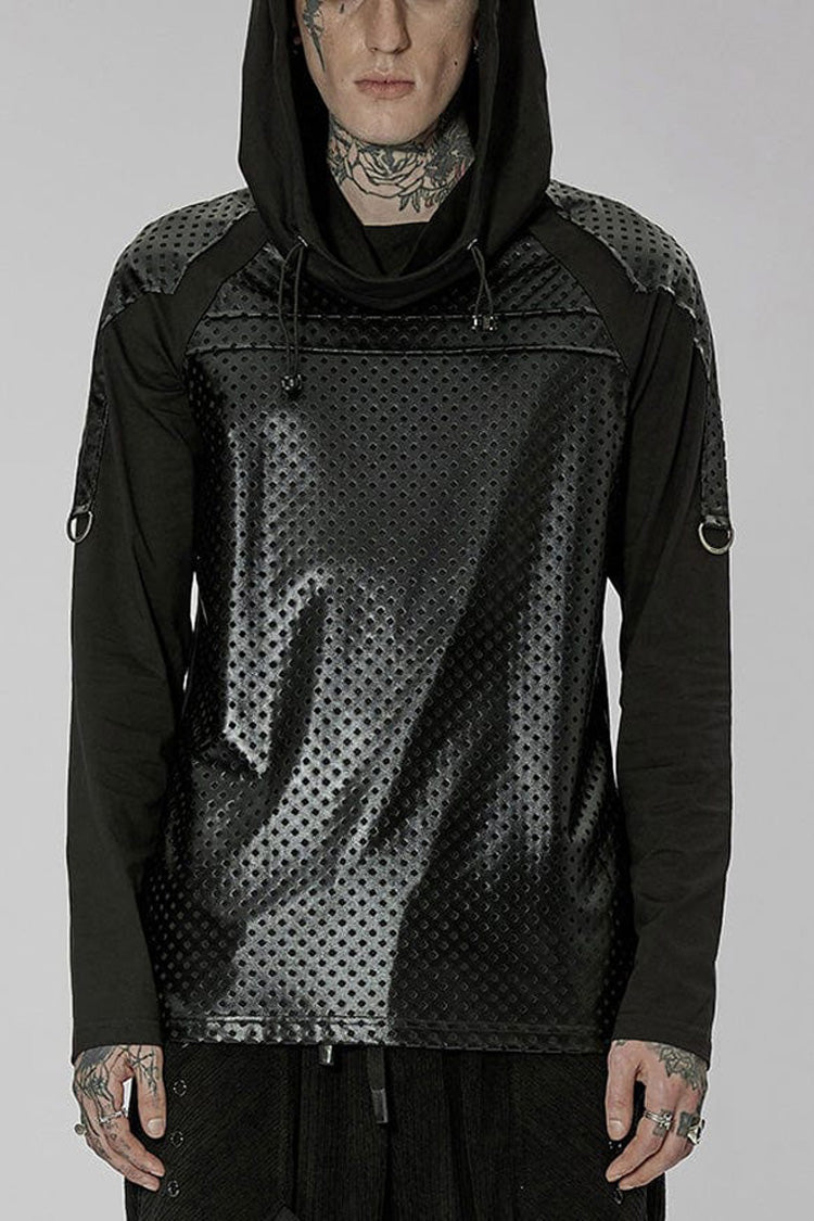 Black Punk Turtleneck Stretch Knit Panel Cutout Drawstring Hooded Men's T-Shirt - Black - 1