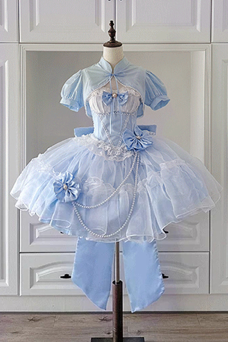 Blue/White Porcelain Printed Ruffled Bow Lace Sweet Plus Size Lolita Jsk Dress(Short Version) - Product - 4