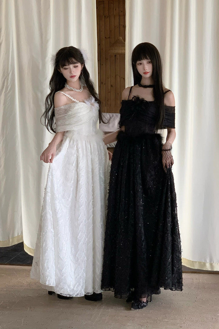 White [Moonlight] Off Shoulder Jacquard Embroidered Bow Gothic Lolita Jsk Dress - Product - 5