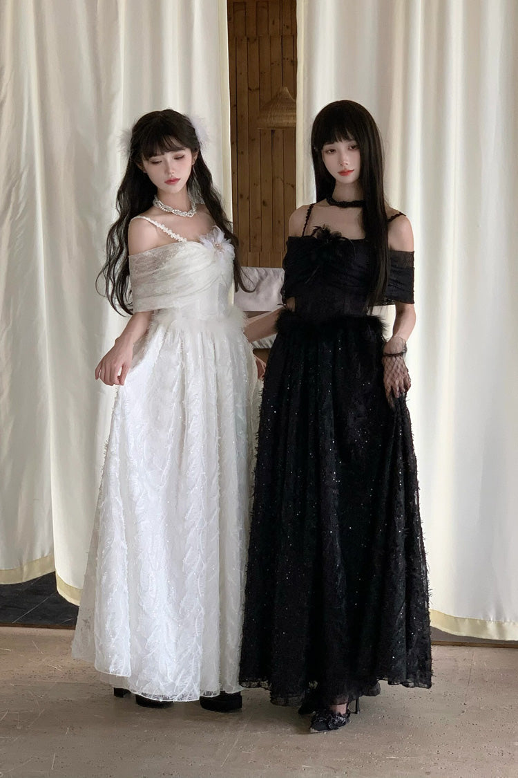 White [Moonlight] Off Shoulder Jacquard Embroidered Bow Gothic Lolita Jsk Dress - Product - 5