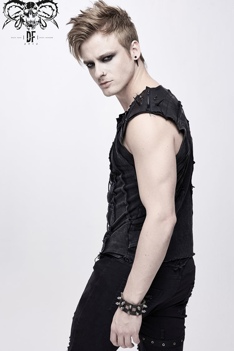 Black Patchwork Unedged Coarse Grain Leather Long Pointed Nails Distressed Men's Punk Vest - Product - 4