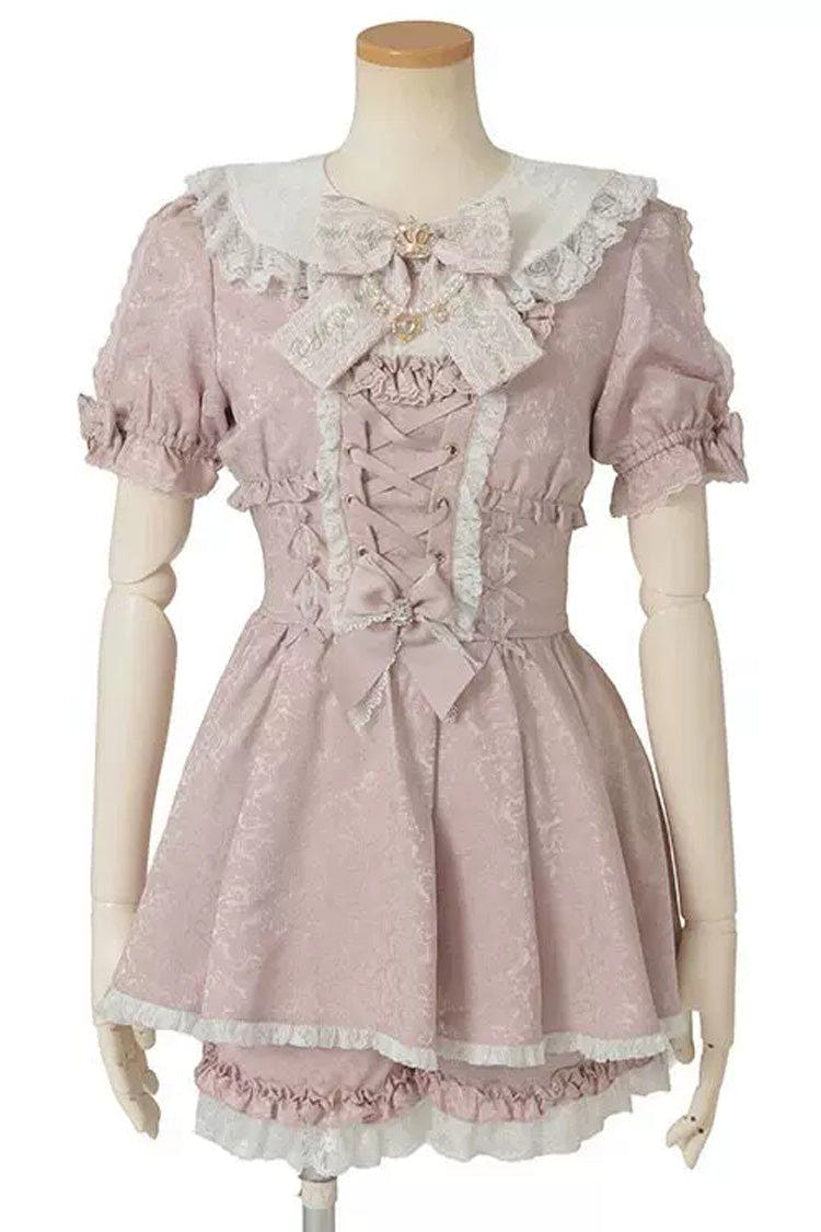 Sweet Lapel Collar Short Sleeves Jacquard Ruffled Bow Lace Jirai Kei Plus Size Japanese Lolita Dress Set 2 Colors - Pink - 1