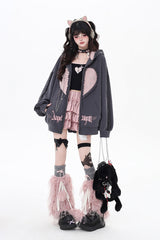 [Striped Bunny Ears] Long Sleeves Heart Print Embroidery Hooded Zipper Sweet Jirai Kei Cool Lolita Coat 2 Colors - Product - 12
