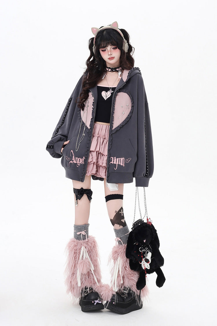 [Striped Bunny Ears] Long Sleeves Heart Print Embroidery Hooded Zipper Sweet Jirai Kei Cool Lolita Coat 2 Colors - Product - 12