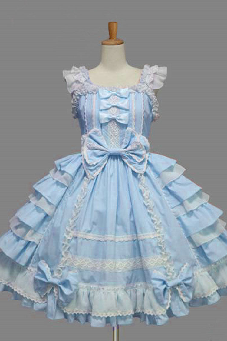 Lace Square Neck Cap Sleeve Knee Length Ruffled Bowknot Sweet Lolita Dress - Blue - 5
