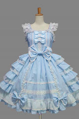 Lace Square Neck Cap Sleeve Knee Length Ruffled Bowknot Sweet Lolita Dress - Blue - 5