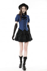 Blue/Black Striped Bow Ruffled Stand Collar Lace Jabot Short Puff Sleeves Front Button‑Up Women's Gothic Blouse - Product - 7