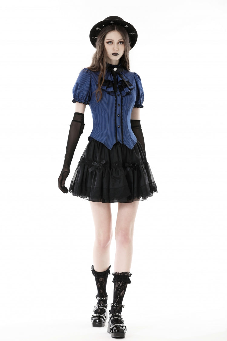 Blue/Black Striped Bow Ruffled Stand Collar Lace Jabot Short Puff Sleeves Front Button‑Up Women's Gothic Blouse - Product - 7