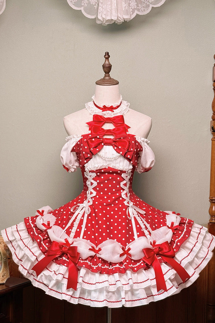 Wine Red Halterneck Short Sleeves Triple-Layered Polka Dot Printed Bow Lace-Up Sweet Lolita Dress - Product - 3